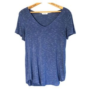 Comfy soft tee. Blue with thin white stripes.